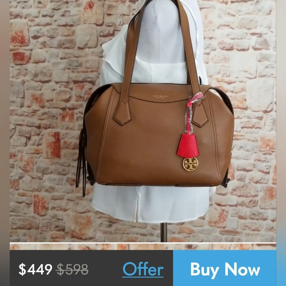 Tory burch Satchel rich Brown Leather Handbag with Red Accent - Picture 11 of 12